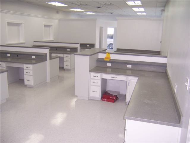 Painted cabinets with solid surface countertops for a dental lab office.